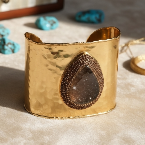 🆕Handcrafted Turkish Gold Wide Cuff Artisan Bracelet With Druzy Chalcedony Gem - Picture 1 of 15
